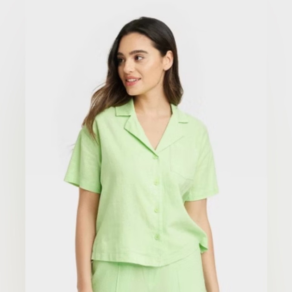 💚A NEW DAY Women’s Linen Short Sleeve Button-Down Camp Shirt Sz M NEW With Tags💚